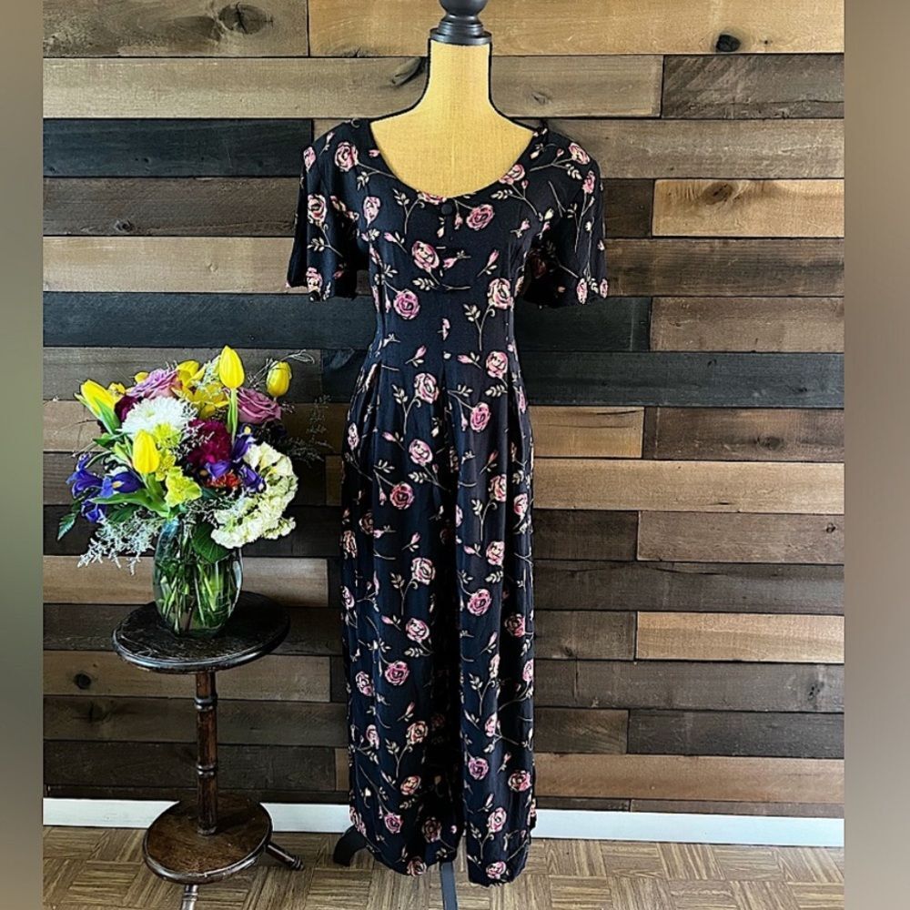 90s Notations Black & Pink Short Sleeve Floral Jumpsuit 100% Rayon